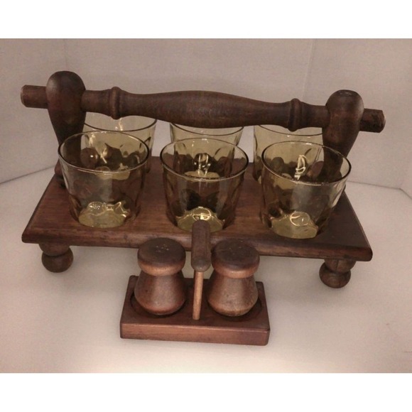 UNBRANDED / UNKNOWN Other - Vintage Amber Lowball Glasses Set of 6 with Wooden Caddy and Salt Pepper